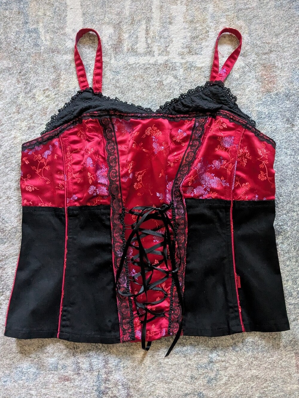 Tripp NYC Red and Black Lace-Up Satin Corset Top